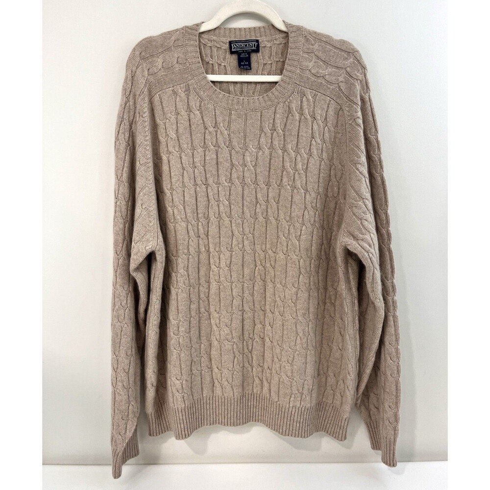 Lands End Sweater Mens Large Tan 100% Cashmere Cable Knit Fisherman Pullover